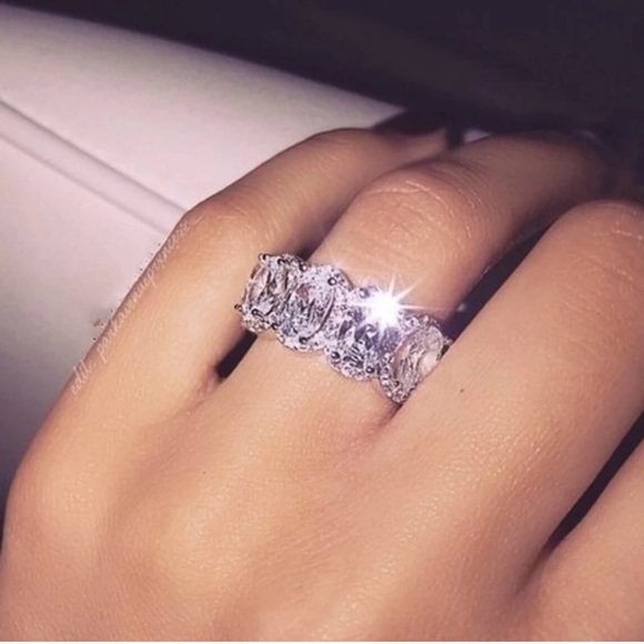 Oval Cut Halo Diamond Pink Clear Wedding Eternity Band - Picture 4 of 16